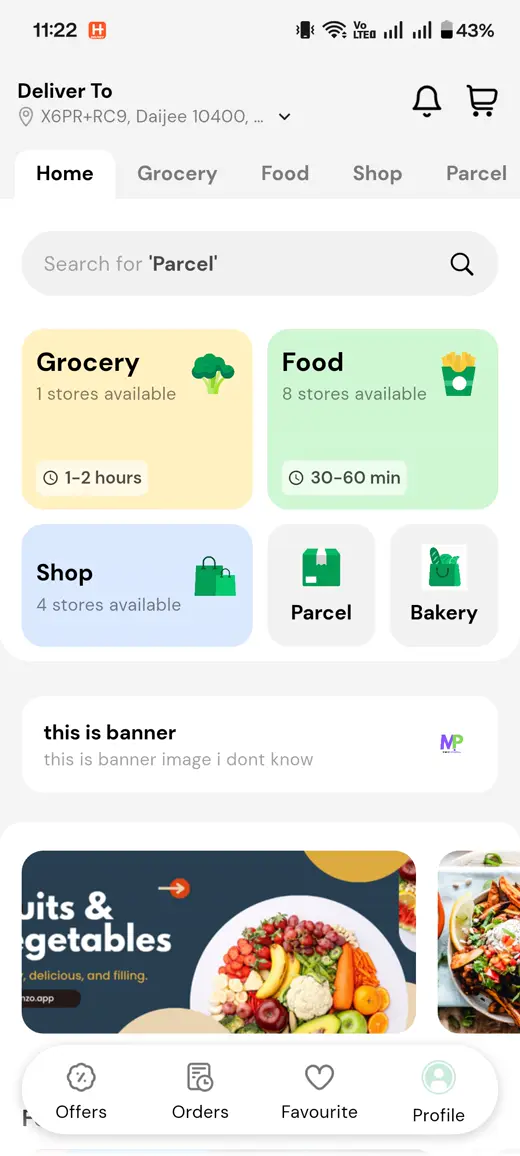 Hamzo app home screen showing food, grocery and parcel delivery options